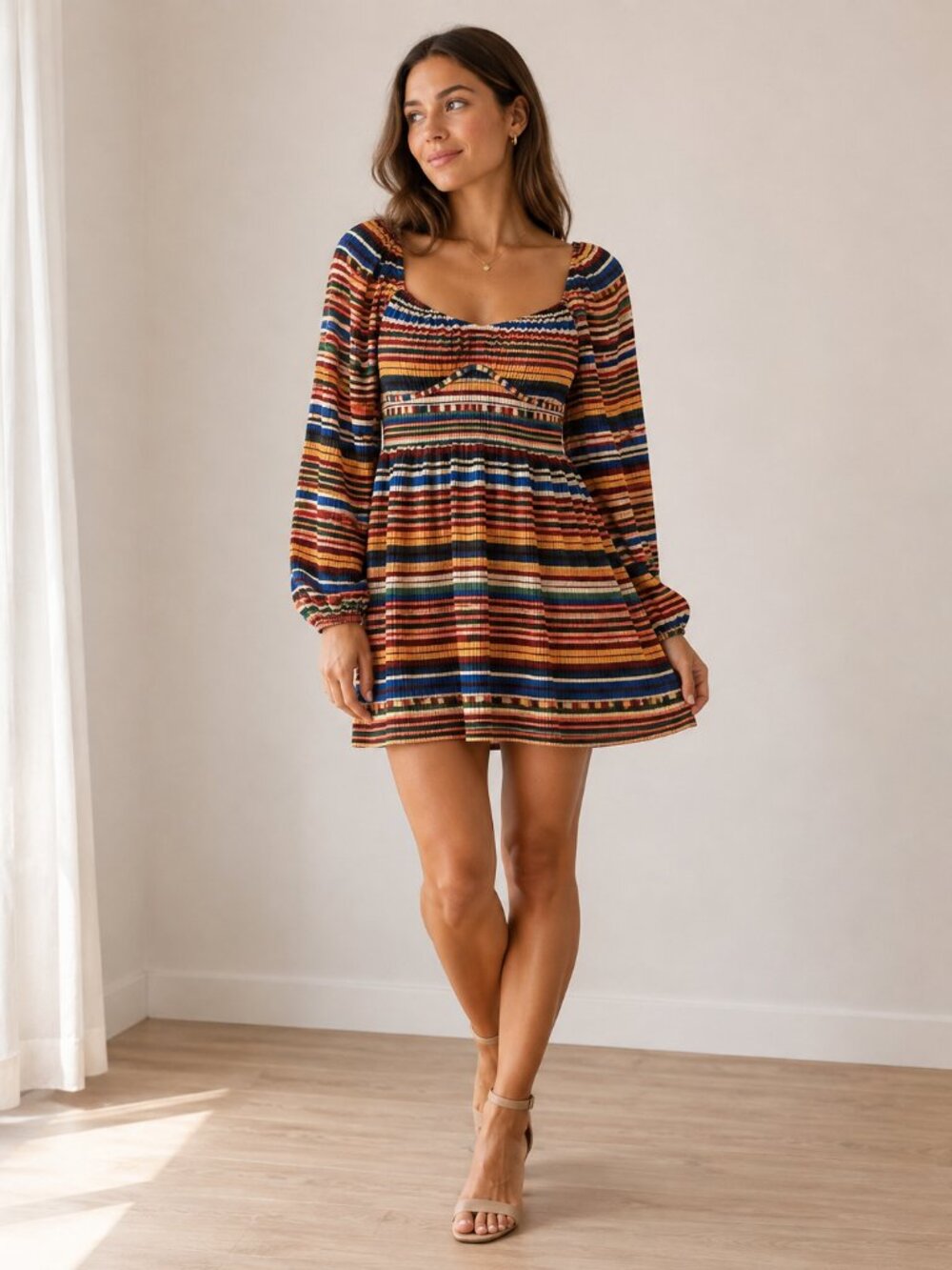 ZARA Size S Multicolor Striped Pleated Puff Sleeve Cutout Mini Dress Retro